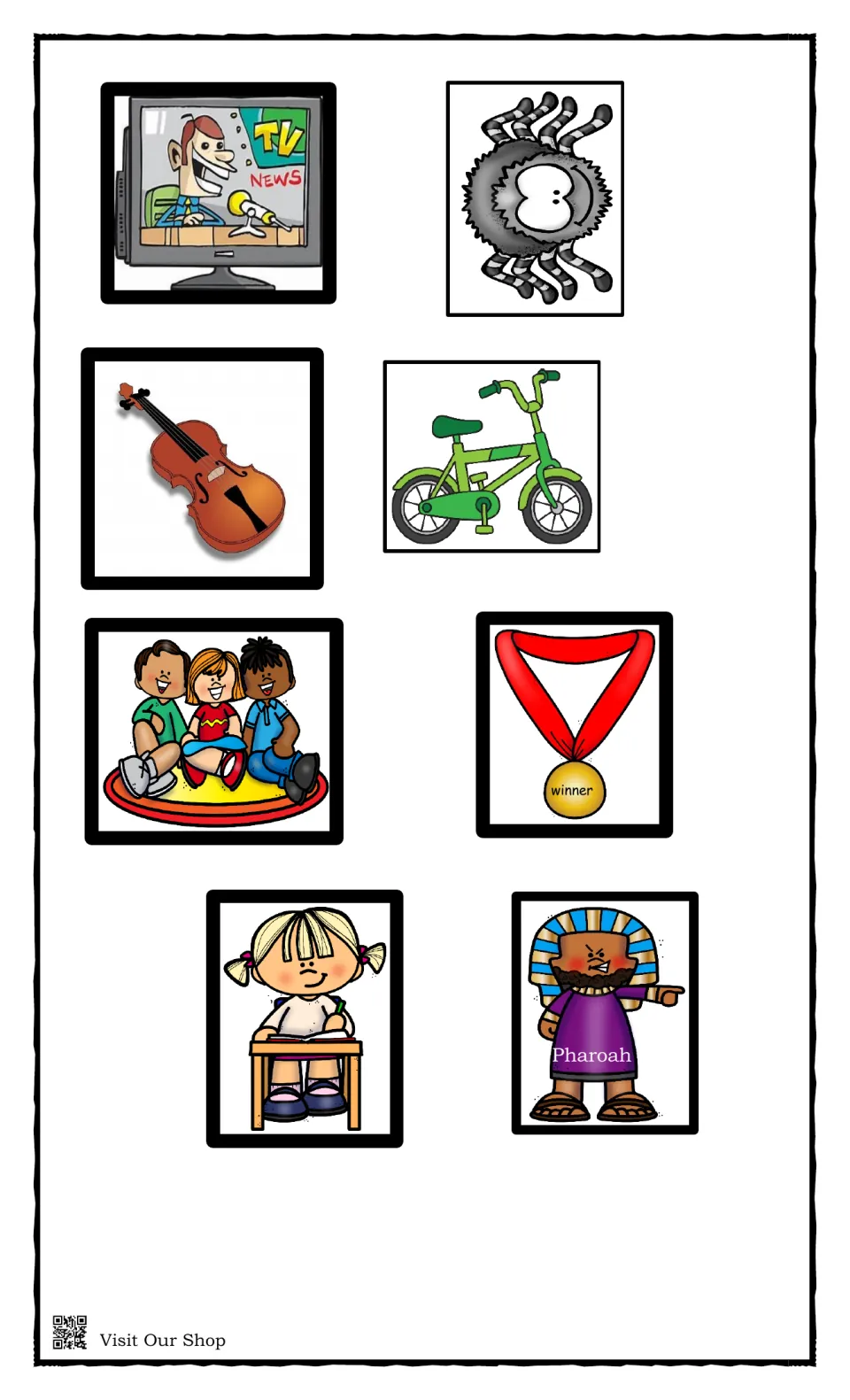 More answer cards to cut out: TV news, spider, violin, bike, friends on a rug, winner medal, girl at desk, Pharaoh