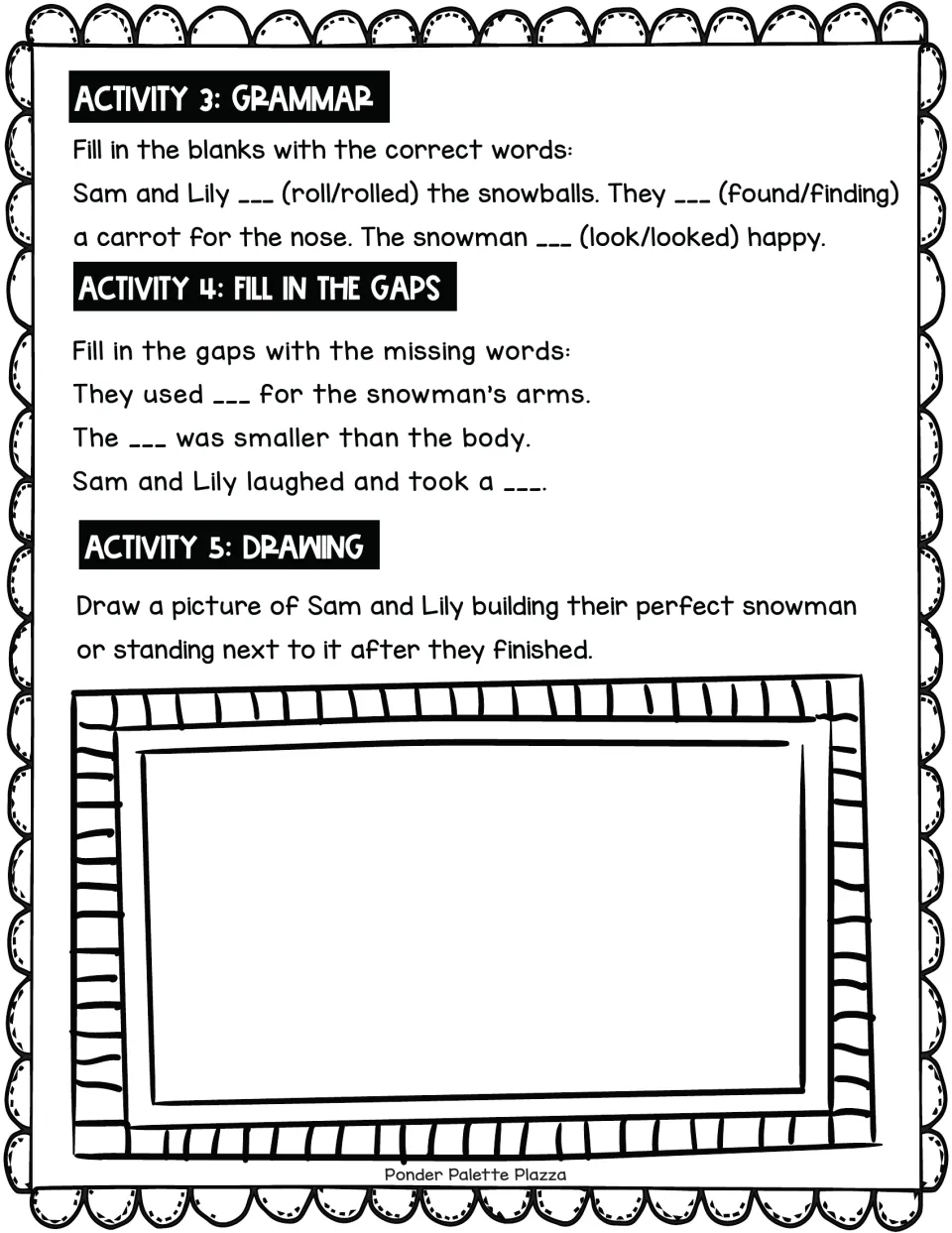 Snowman story follow-up: students pick past-tense verbs, fill in missing words and draw Sam and Lily with their snowman