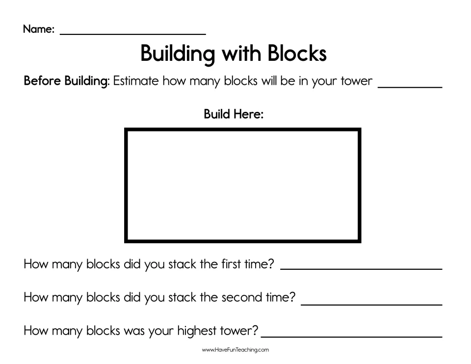 Block tower record sheet: students estimate tower height, then record blocks stacked on each try and their highest tower