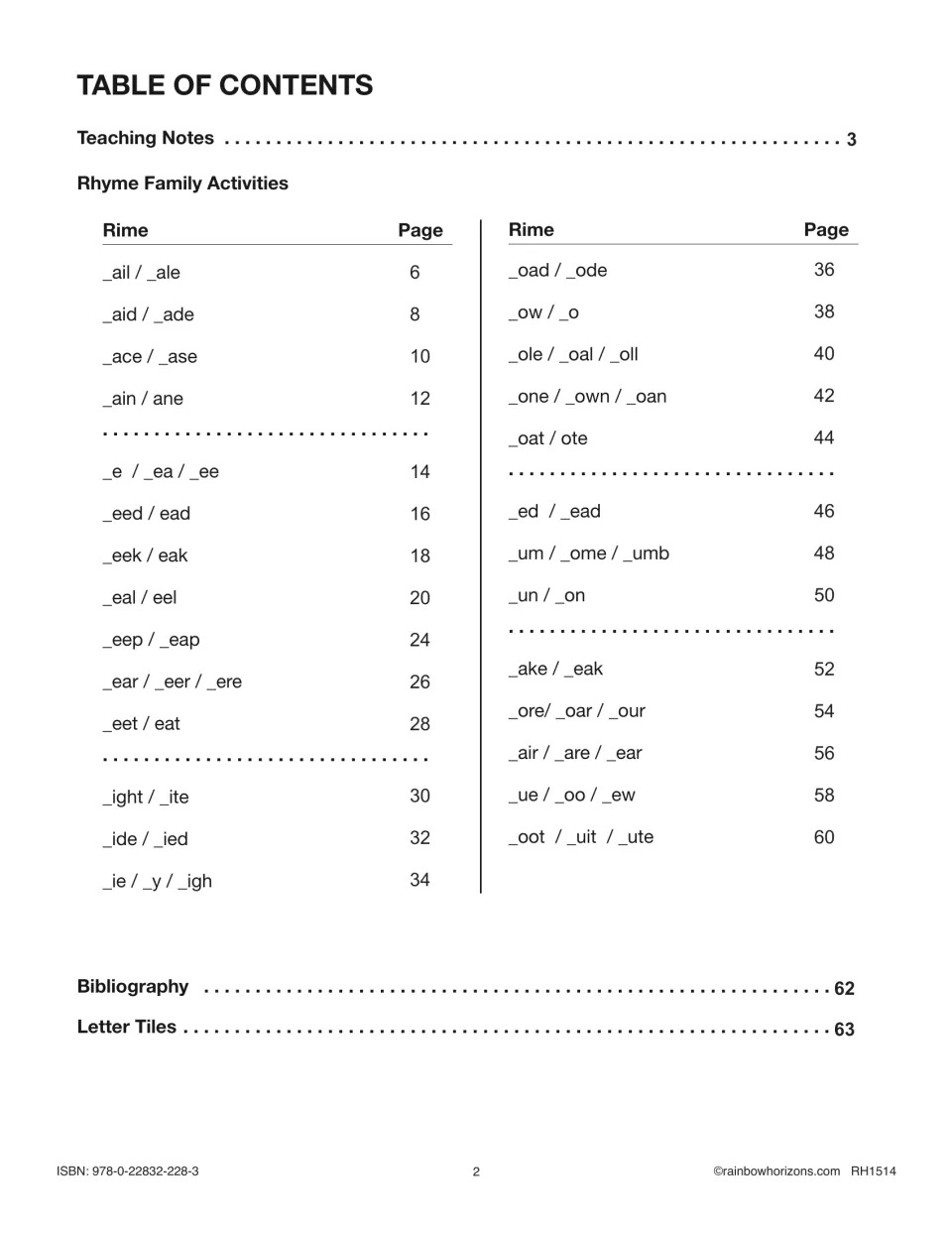 Table of contents lists rhyme-family activities from -ail/-ale to -oot/-uit/-ute, plus notes and letter tiles