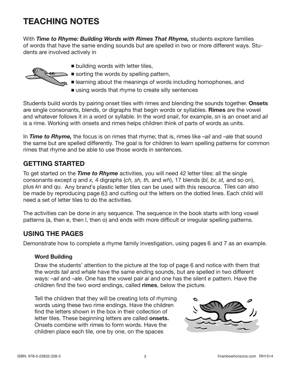Teaching notes explain onsets and rimes, preparing 42 letter tiles, and modeling word building with -ail/-ale