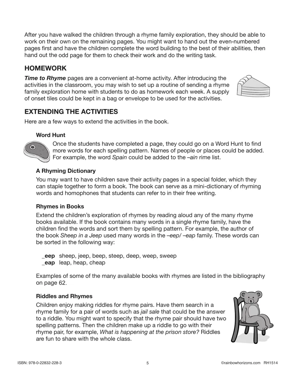 Extension notes explain homework, word hunts, a rhyming dictionary, rhymes in books, and student-made riddles