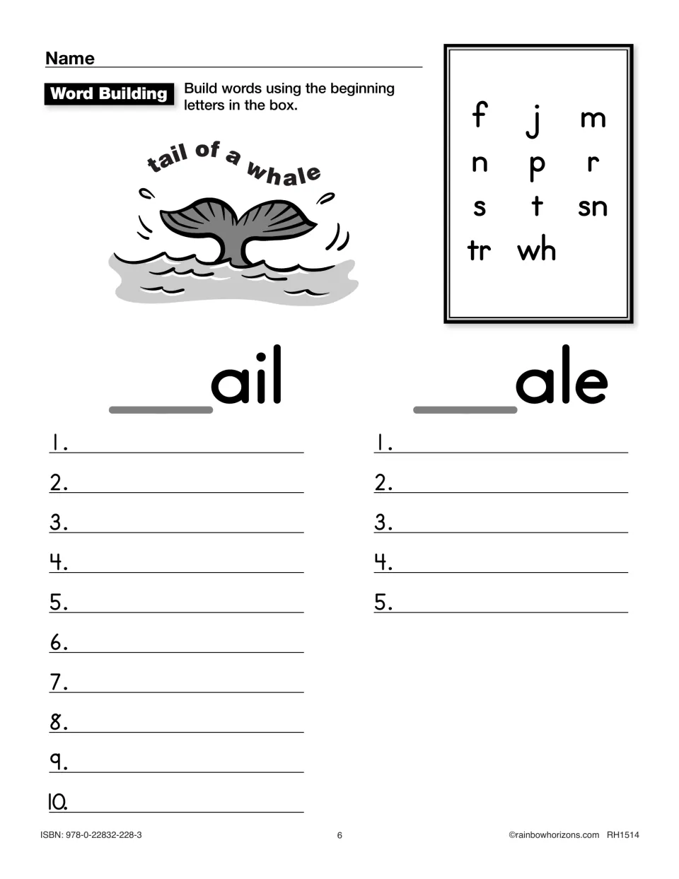 Word-building practice combines beginning letters with -ail and -ale, using the rhyme cue 'tail of a whale'