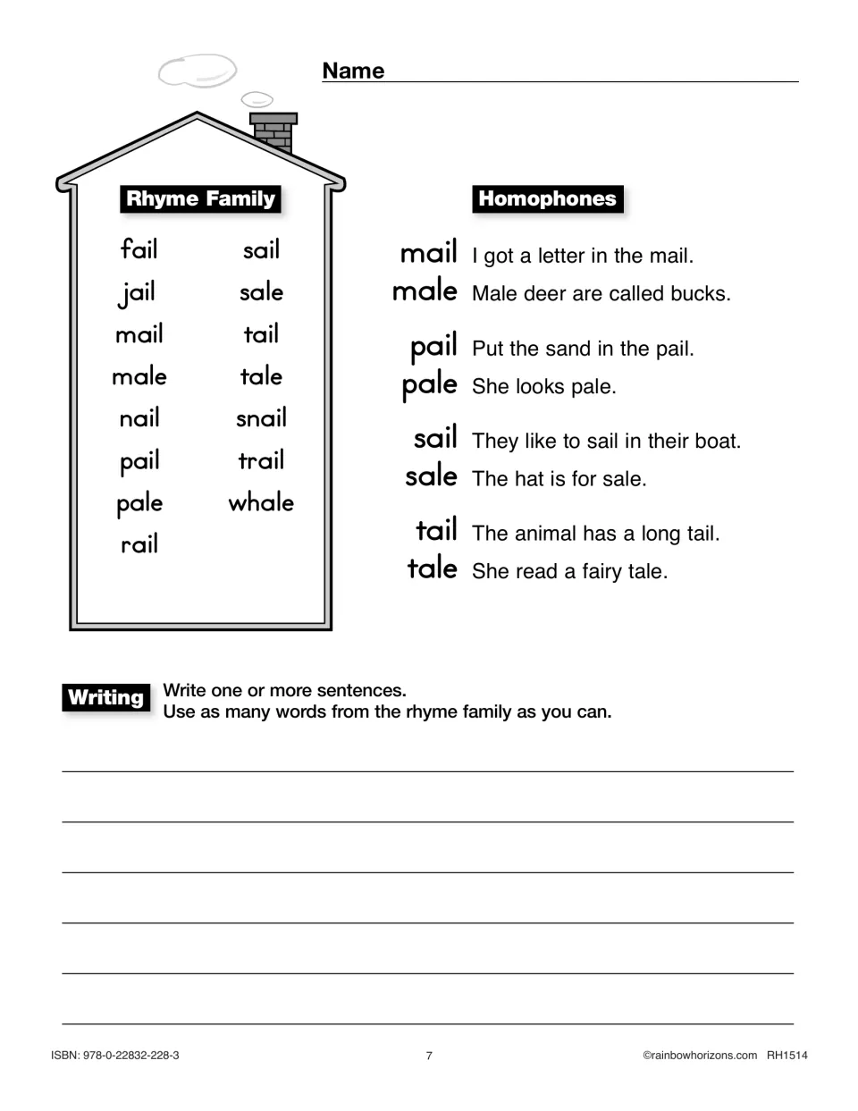 Rhyme-family reference and writing task for -ail/-ale includes mail/male, pail/pale, sail/sale, and tail/tale