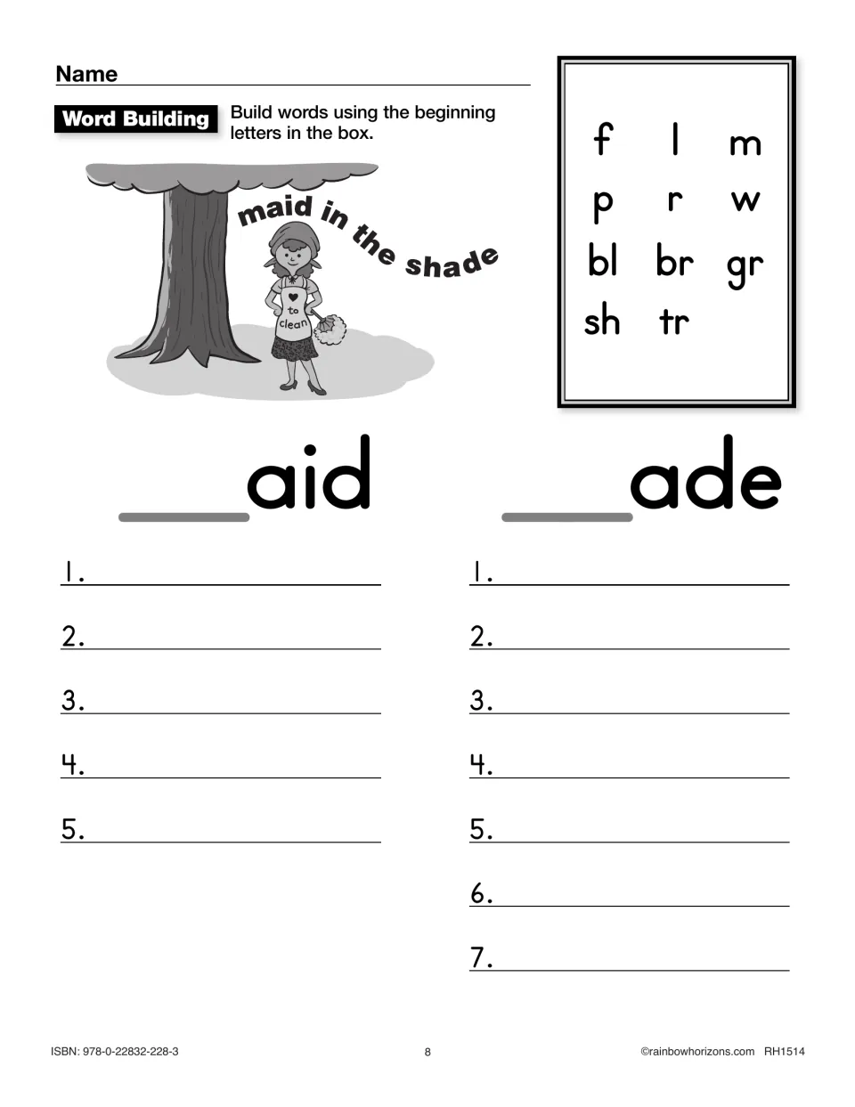 Word-building practice combines beginning letters with -aid and -ade, using the rhyme cue 'maid in the shade'