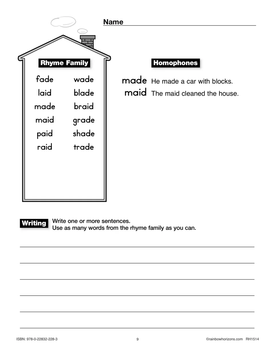 Rhyme-family reference and writing task for -aid/-ade lists fade, laid, made, and more, with made/maid examples