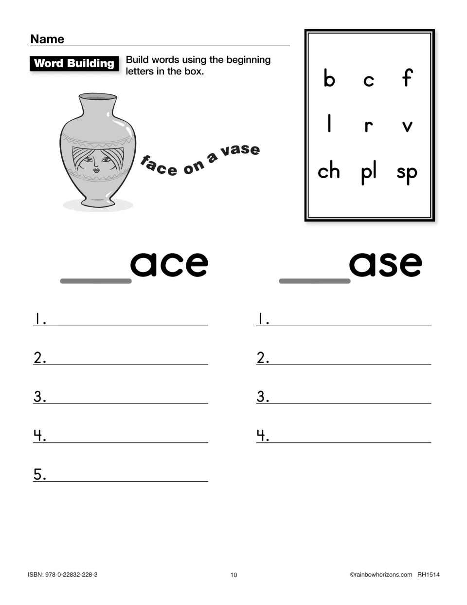 Word-building practice combines beginning letters with -ace and -ase, using the rhyme cue 'face on a vase'