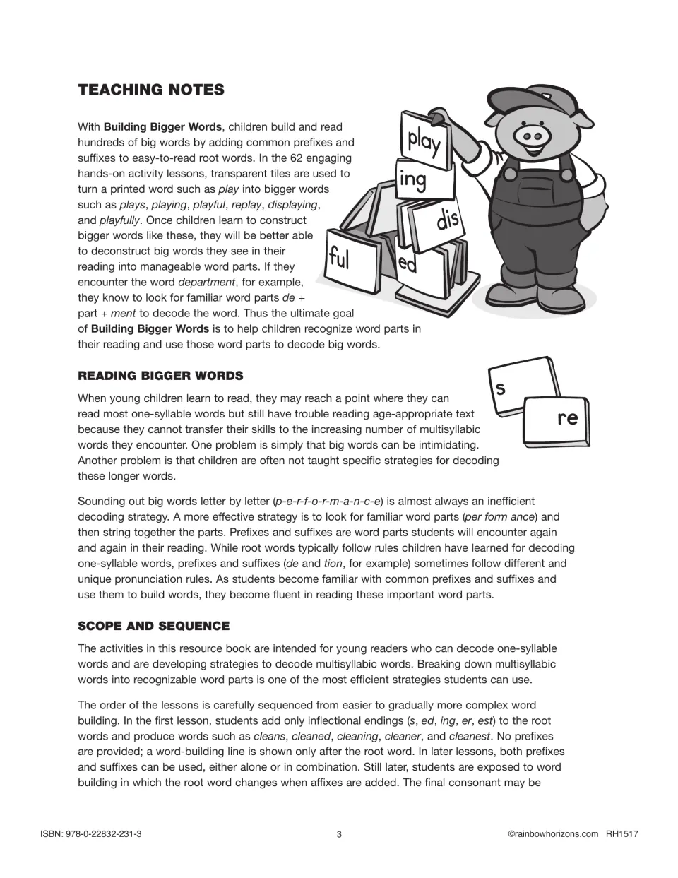 Teaching notes on reading big words by spotting prefixes, suffixes and root words, plus the easy-to-harder lesson order