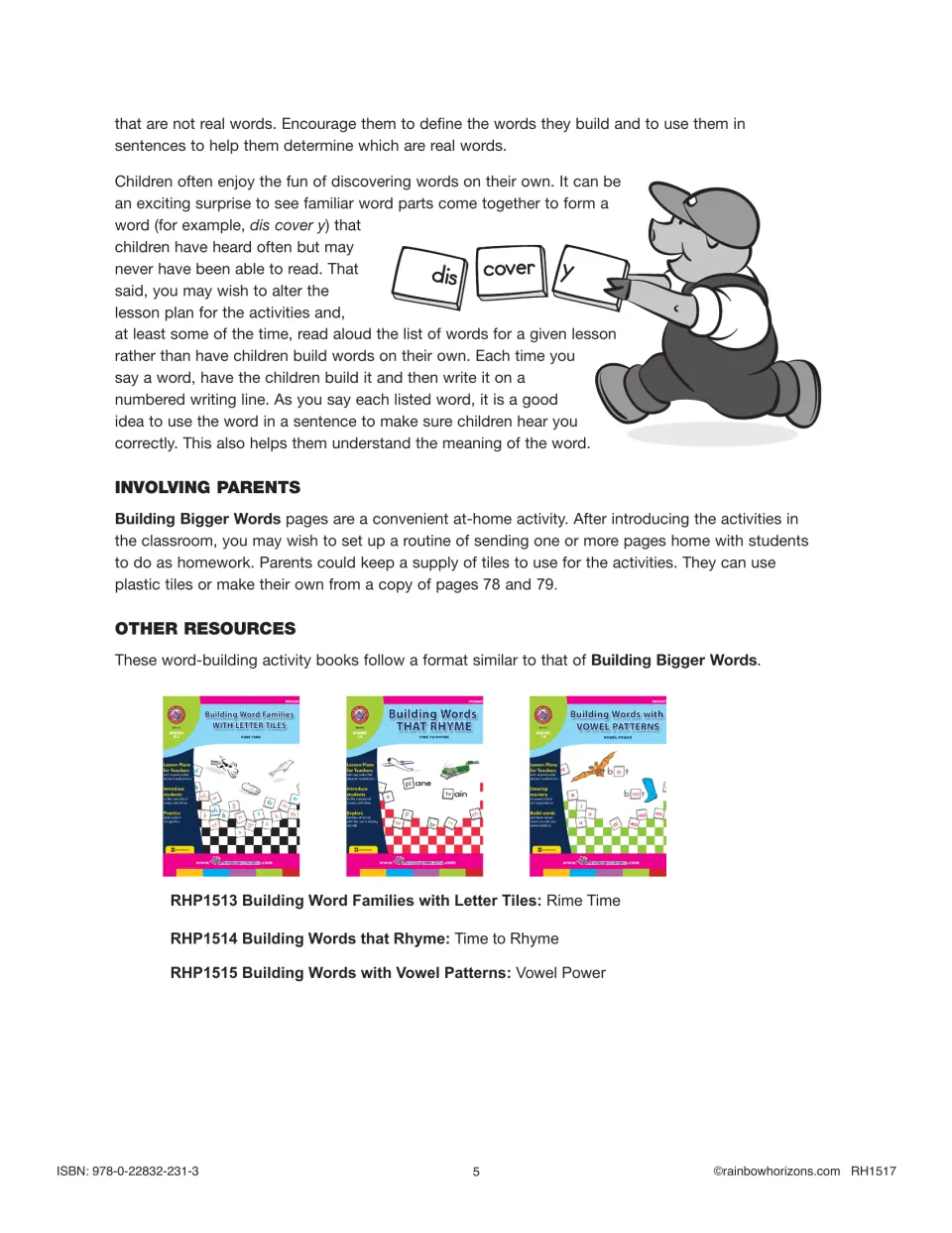Teaching notes on reading word lists aloud, sending pages home for parents, and three related word-building books