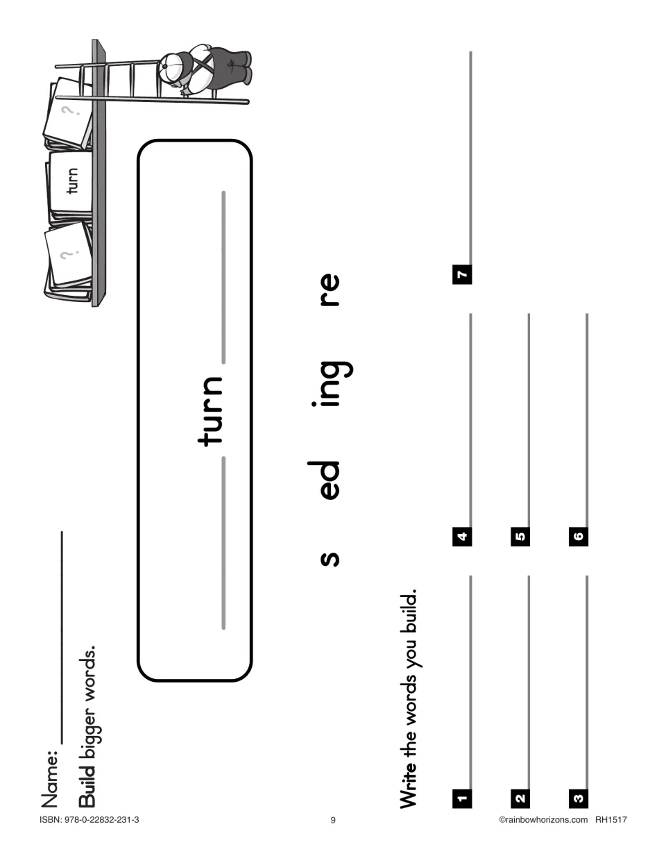 Root word turn: students place prefix re before and suffixes s, ed or ing after to build and write up to seven words