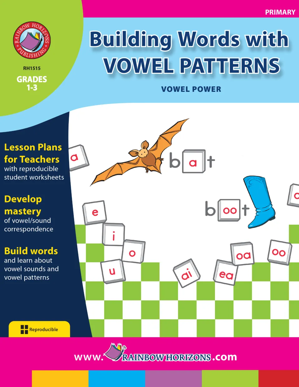 Building Words with Vowel Patterns cover, Grades 1-3: letter tiles build bat and boot, with vowel tiles a, e, i, o, u, ai