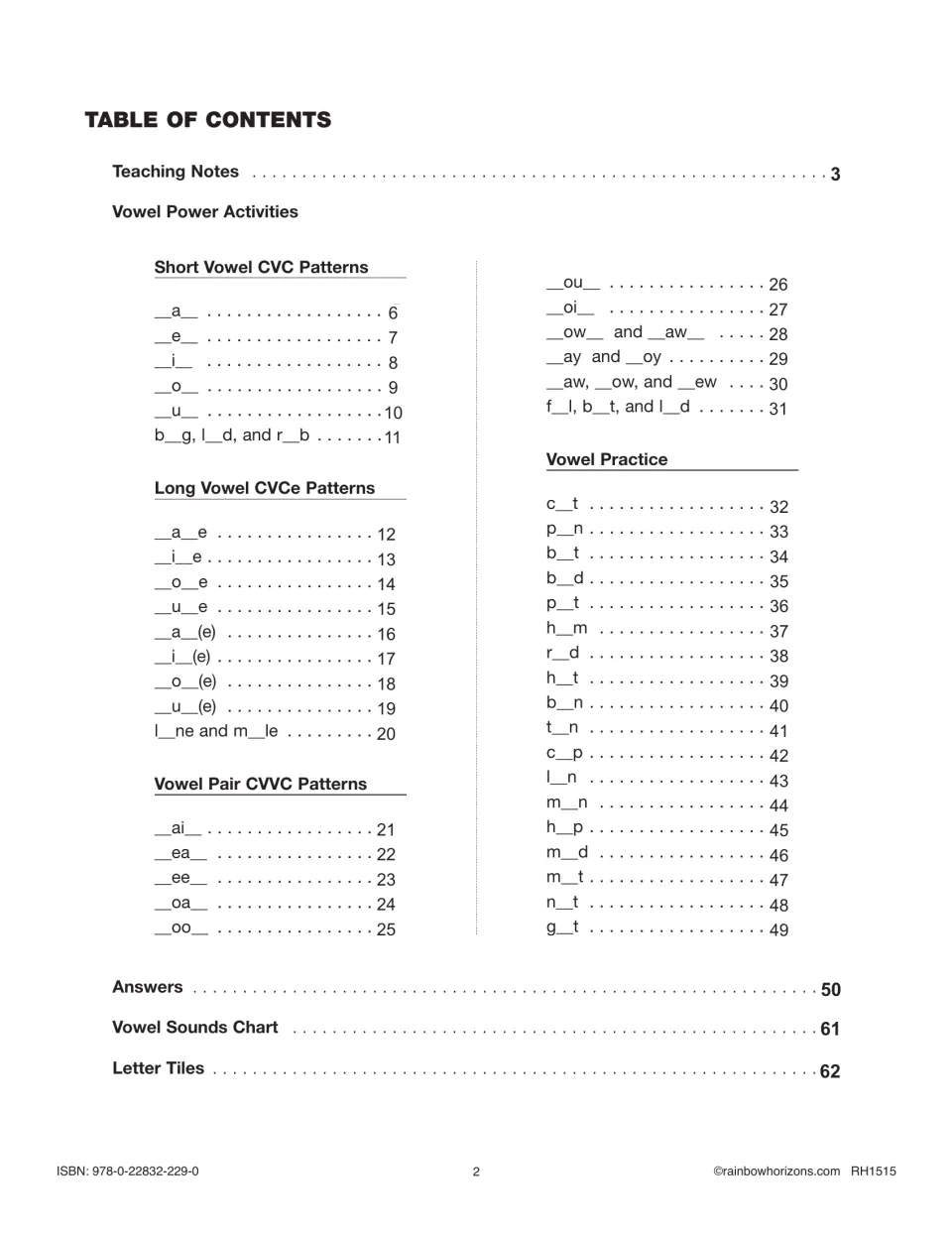 Table of contents listing short vowel CVC, long vowel CVCe and vowel pair CVVC activities, vowel practice and answers
