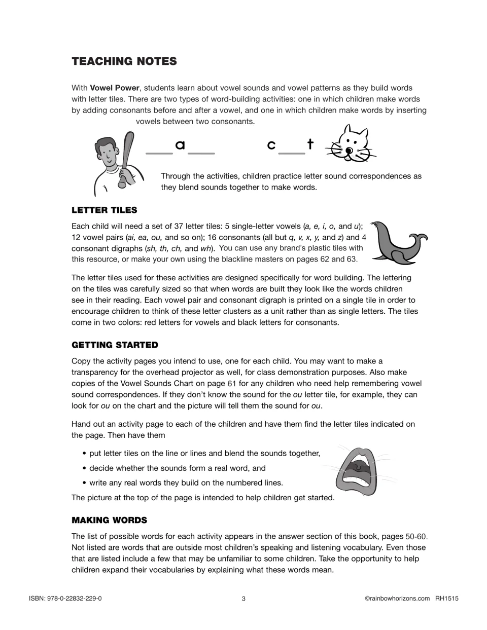 Teaching notes: the 37 letter tiles students need, and steps for placing tiles, blending sounds and writing real words