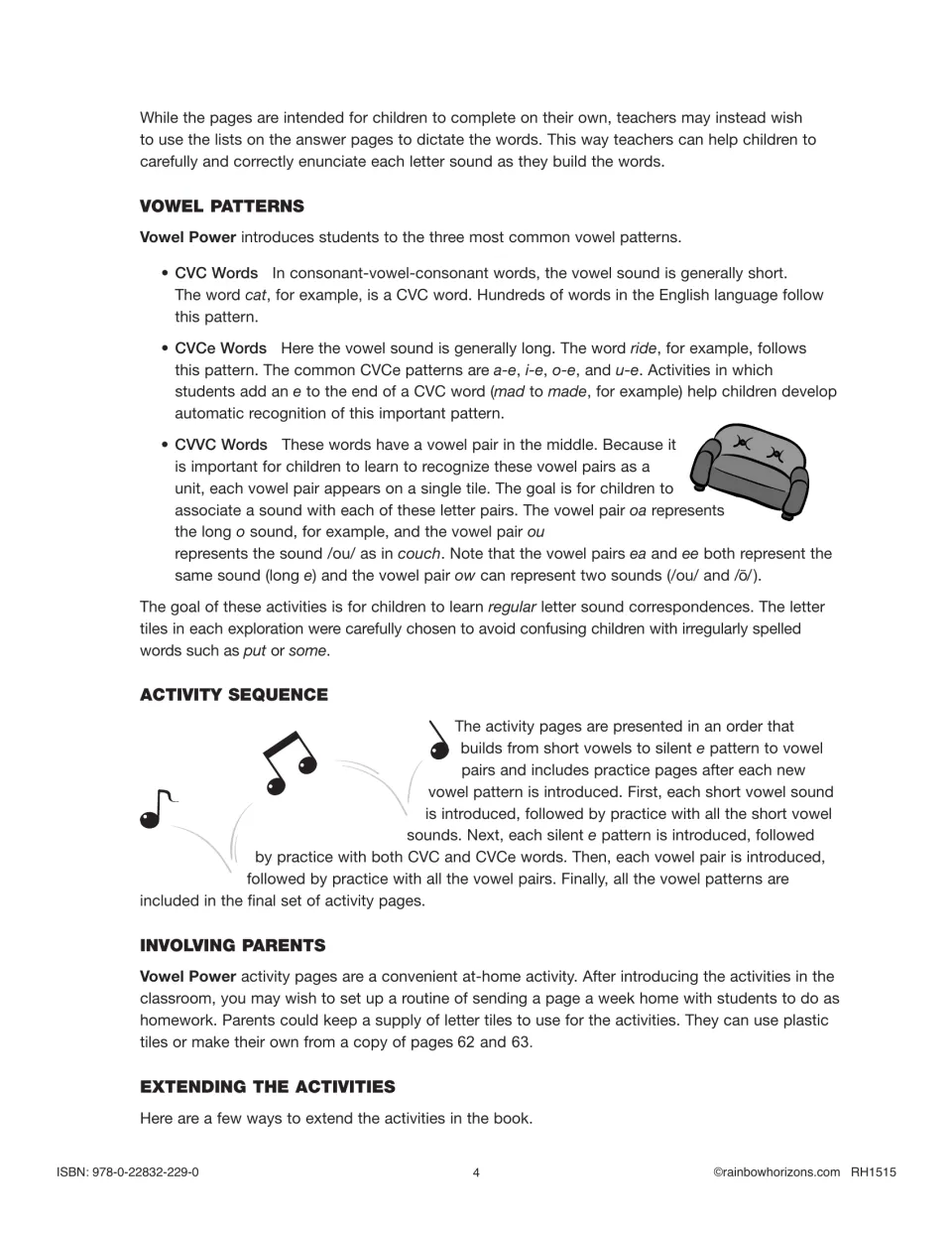 Teacher notes explaining CVC, CVCe and CVVC vowel patterns, the order of activity pages, and sending pages home