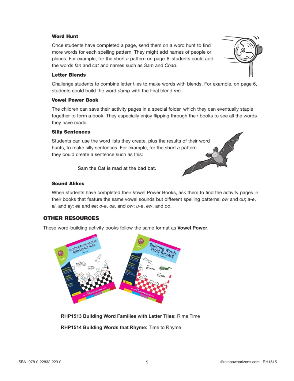 Extension ideas: word hunt, letter blends, silly sentences and sound alikes, plus two related word-building books
