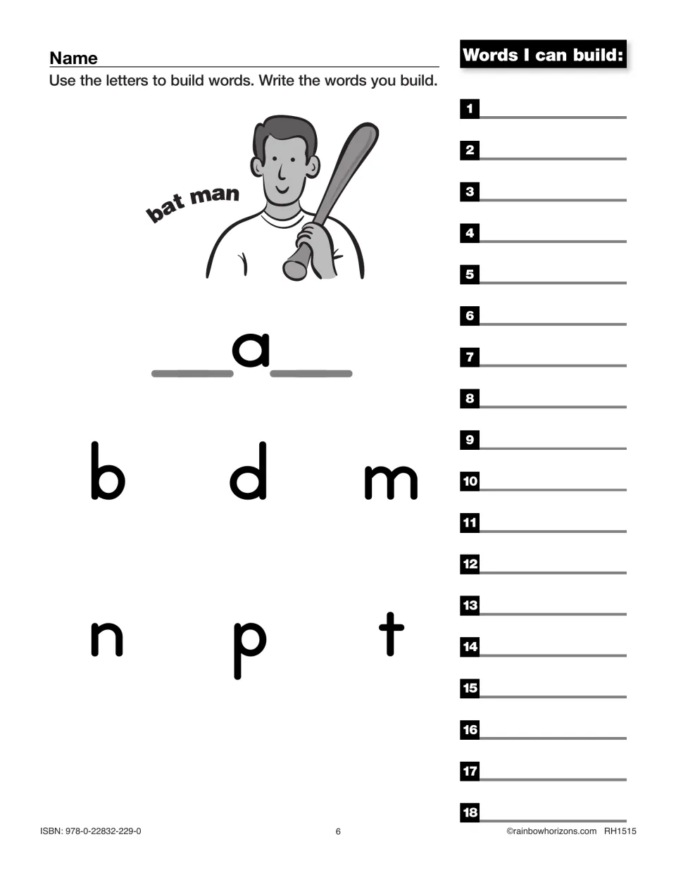 Short a CVC words: students place b, d, m, n, p or t around the vowel a to build words like bat and man, writing up to 18