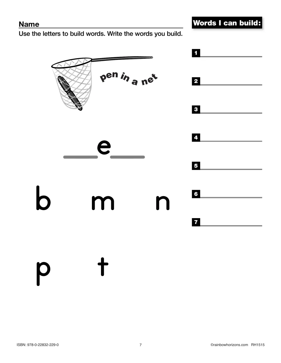 Short e CVC words: students add b, m, n, p or t before and after e to build words such as pen and net, then write up to 7