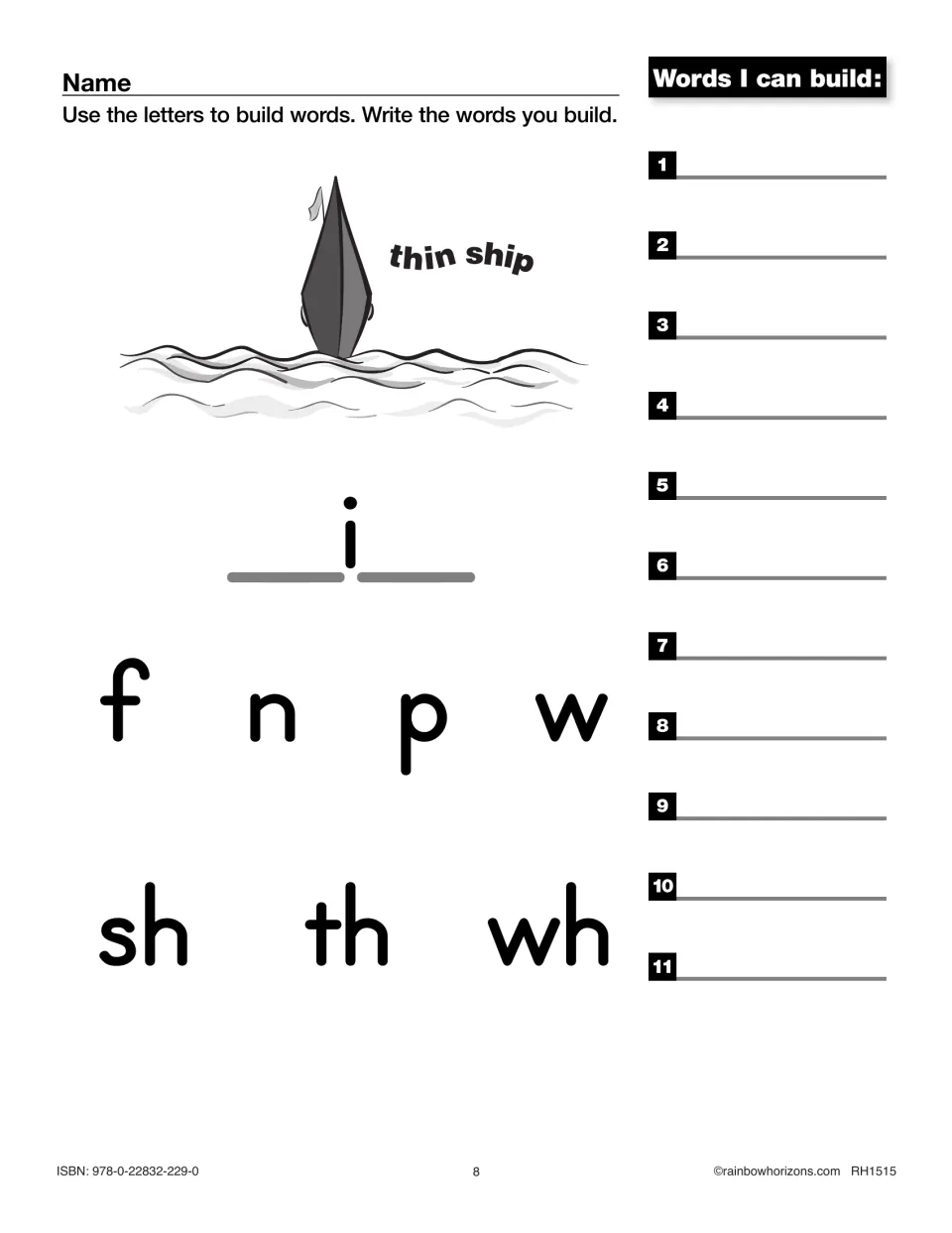 Short i words: students build words like thin and ship using f, n, p, w and the digraphs sh, th and wh, writing up to 11