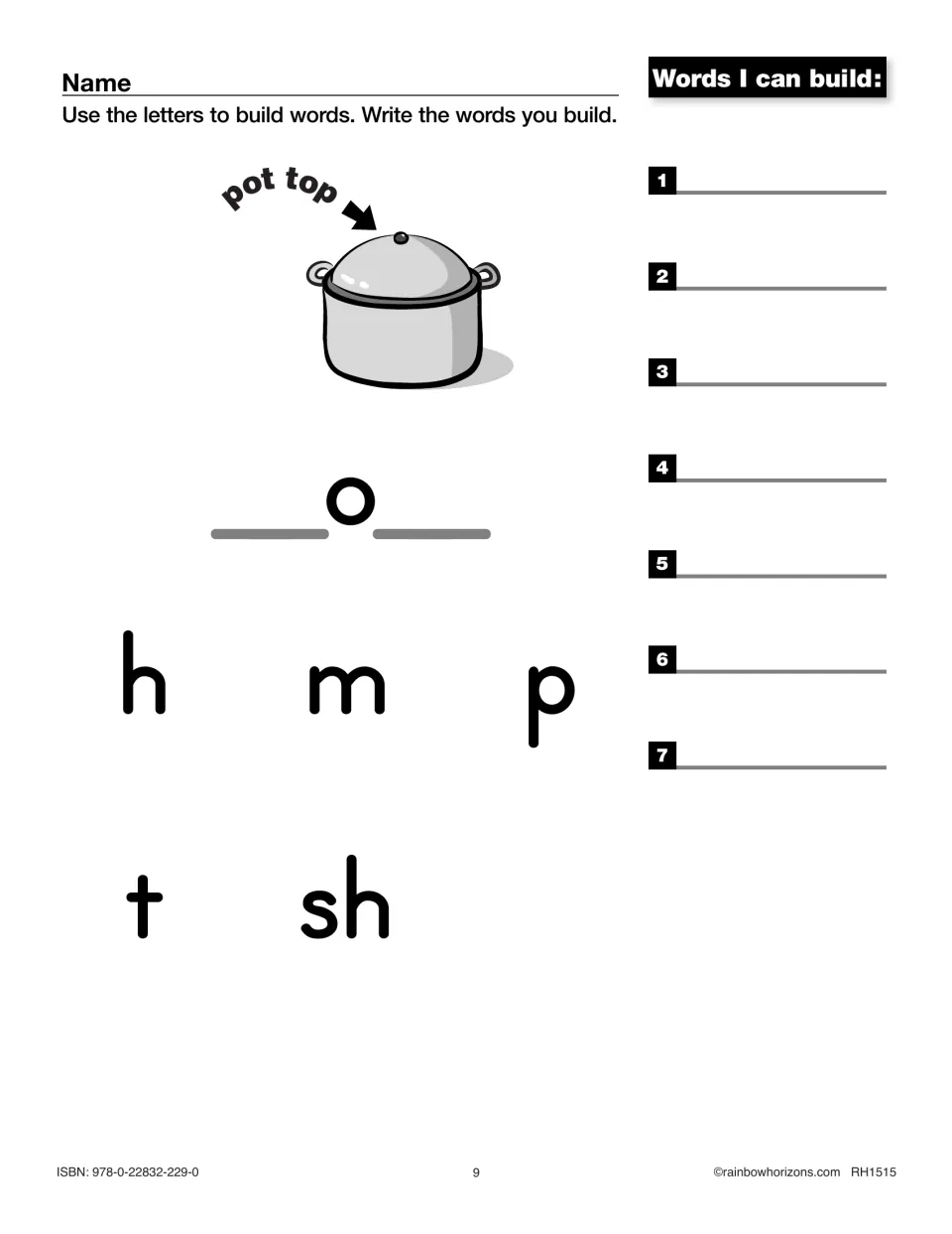 Short o CVC words: students combine h, m, p, t and sh with o to build words such as pot and top, recording up to 7 words