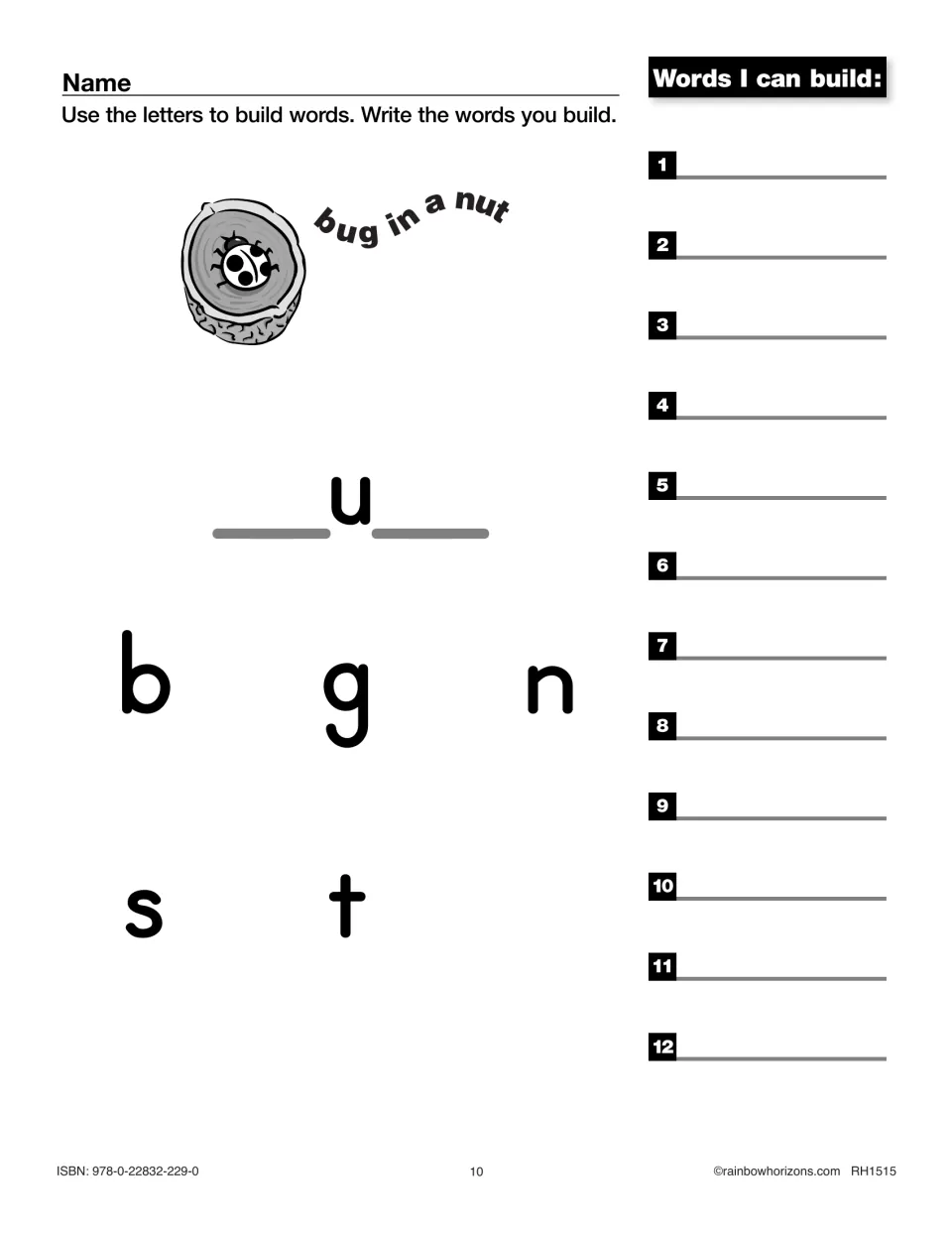 Short u CVC words: students use b, g, n, s and t around u to build words like bug and nut, writing up to 12 real words