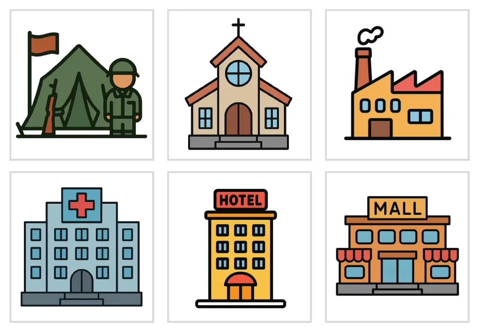 Building picture cards without words: army camp tent, church, factory, hospital, hotel and mall for naming practice