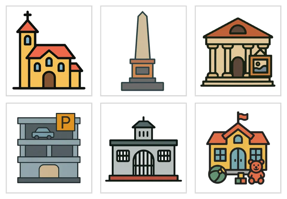 Unlabeled building pictures: monastery, obelisk monument, museum, parking garage, prison and school for naming aloud