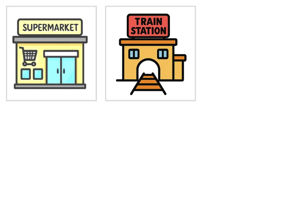Picture-only cards for supermarket and train station, the last two buildings in the unlabeled set