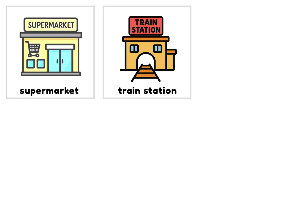 Labeled vocabulary cards for supermarket and train station, each picture shown with its printed building name