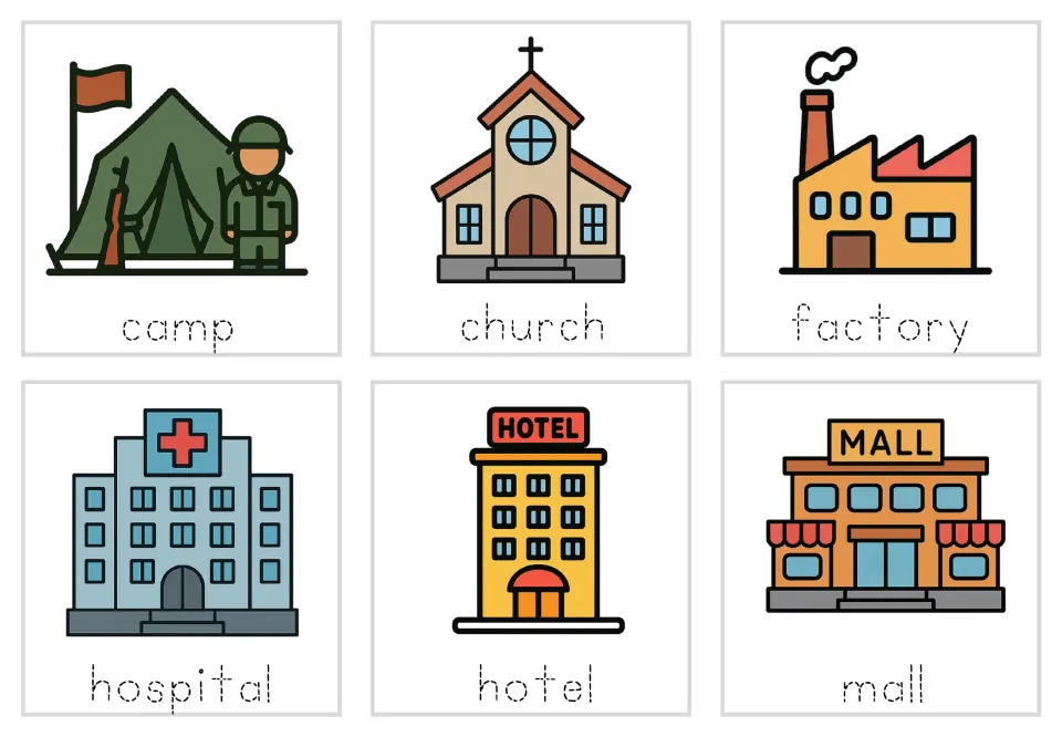 Building word tracing: students trace dotted camp, church, factory, hospital, hotel and mall under each picture