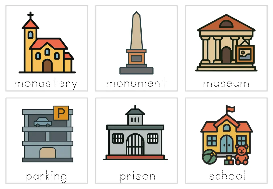 Word tracing: students trace dotted monastery, monument, museum, parking, prison and school below the pictures