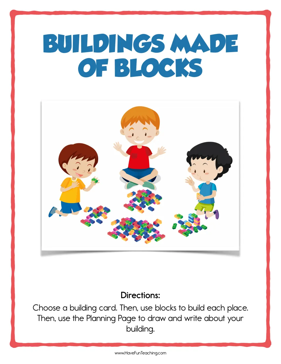 Buildings Made of Blocks cover: three children build with blocks; directions say to pick a card, build it, then plan