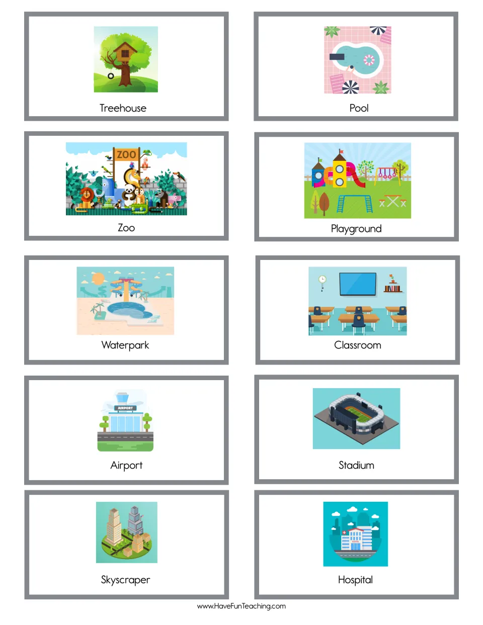 Ten picture cards of places to build, such as treehouse, pool, zoo, playground, waterpark, airport, stadium and hospital