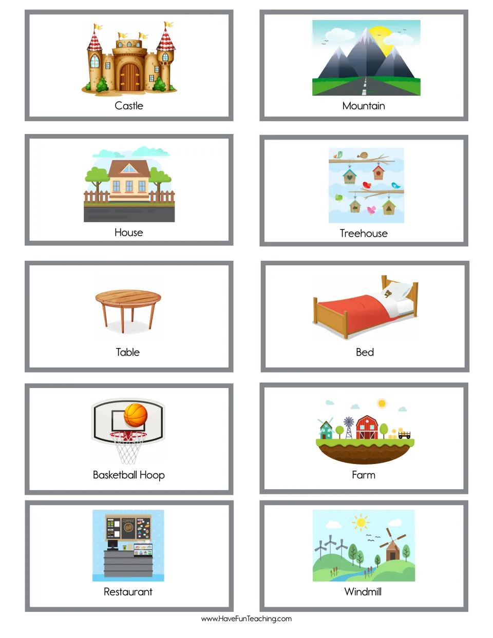 Ten more cards to build: castle, mountain, house, treehouse, table, bed, basketball hoop, farm, restaurant, windmill