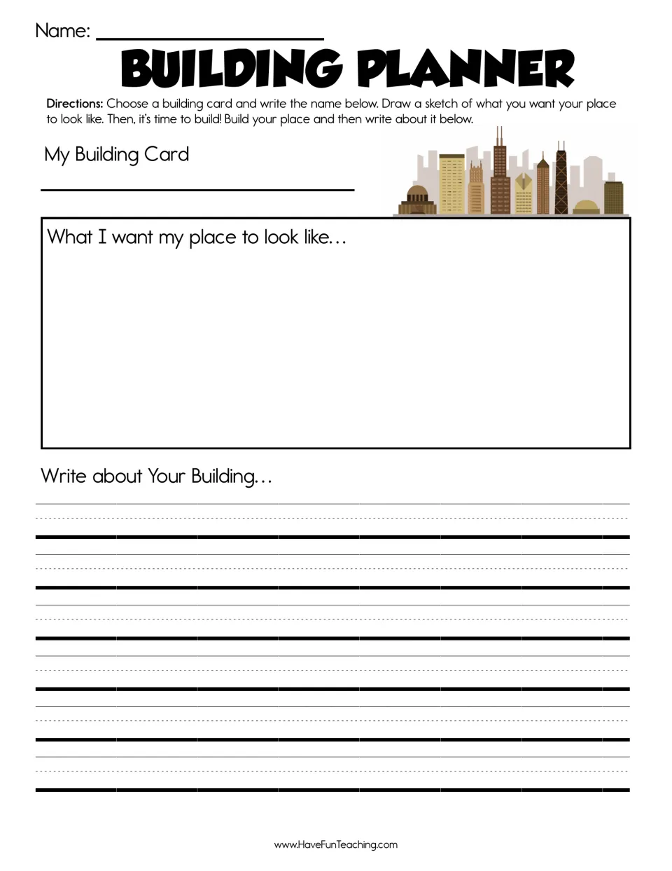 Building planner: students write their card's name, sketch what they want their place to look like, then write about it
