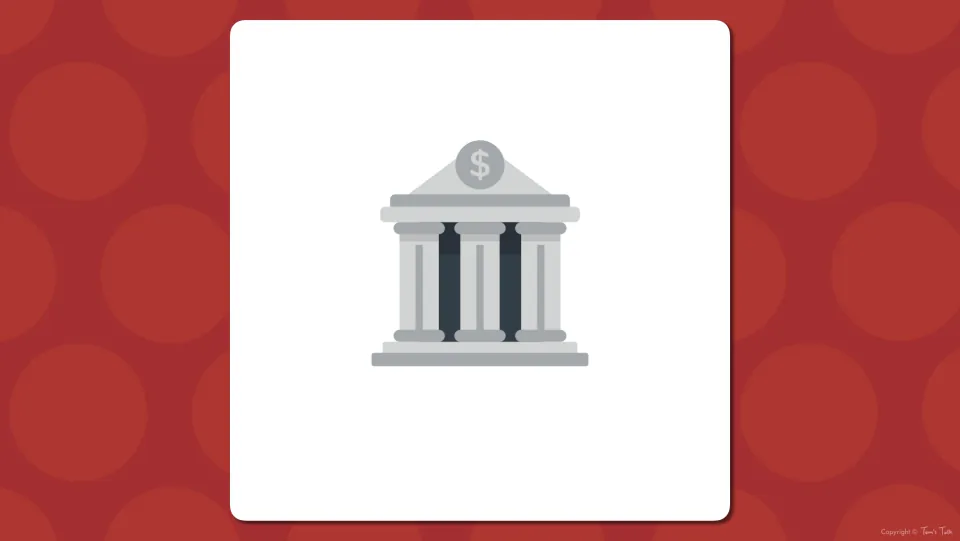 Building vocabulary presentation slide introducing a bank illustration with a dollar sign and no word label