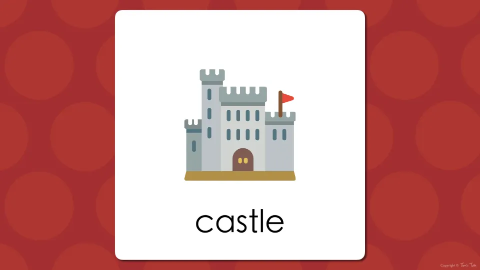 Building vocabulary presentation slide showing the word “castle” beneath an illustration of a castle with towers