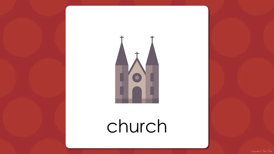 Building vocabulary presentation slide showing the word “church” beneath a church illustration topped with crosses