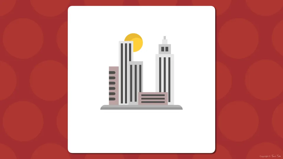 Building vocabulary presentation slide showing a group of tall city buildings without a vocabulary label