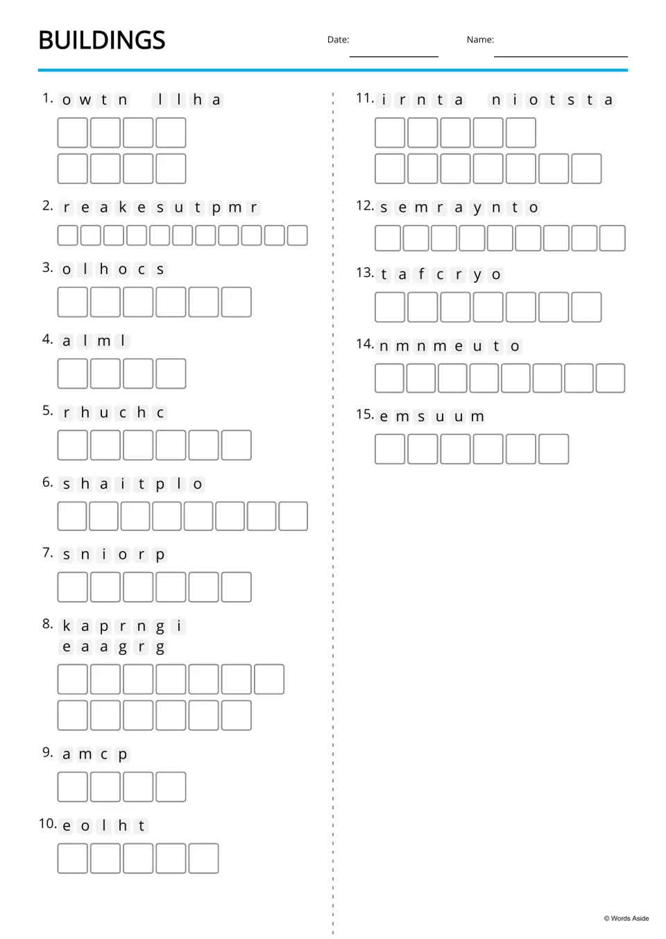 Buildings anagrams: students unscramble 15 jumbled words such as owtn llha and emsuum and spell each building name