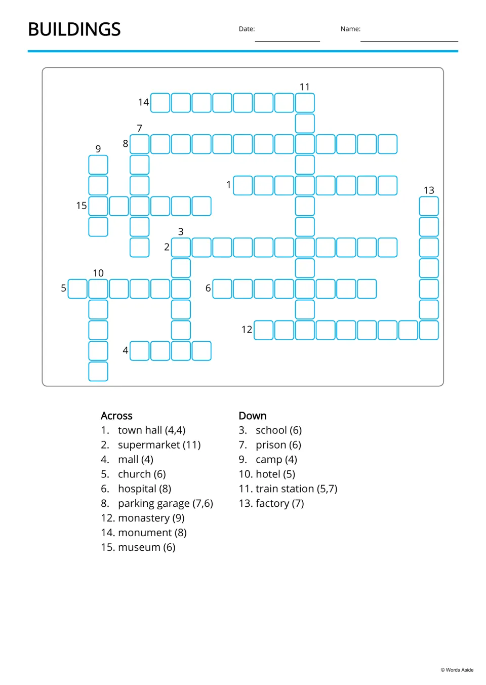 Buildings crossword: students fill in 15 building names from clue words with letter counts, like town hall (4,4)