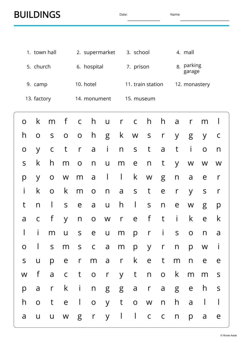 Buildings word search: students find 15 listed words, including hospital, parking garage and monastery, among the letters
