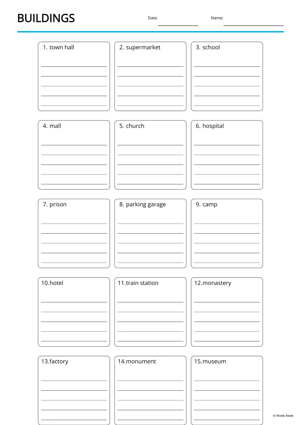 Building words writing practice: students write about each of 15 buildings, from town hall to museum