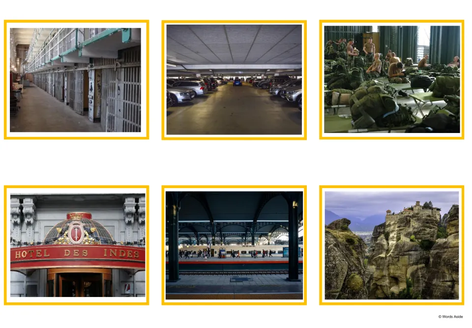 Building photo cards: a prison, a parking garage, a military camp, Hotel des Indes, a train station and a monastery