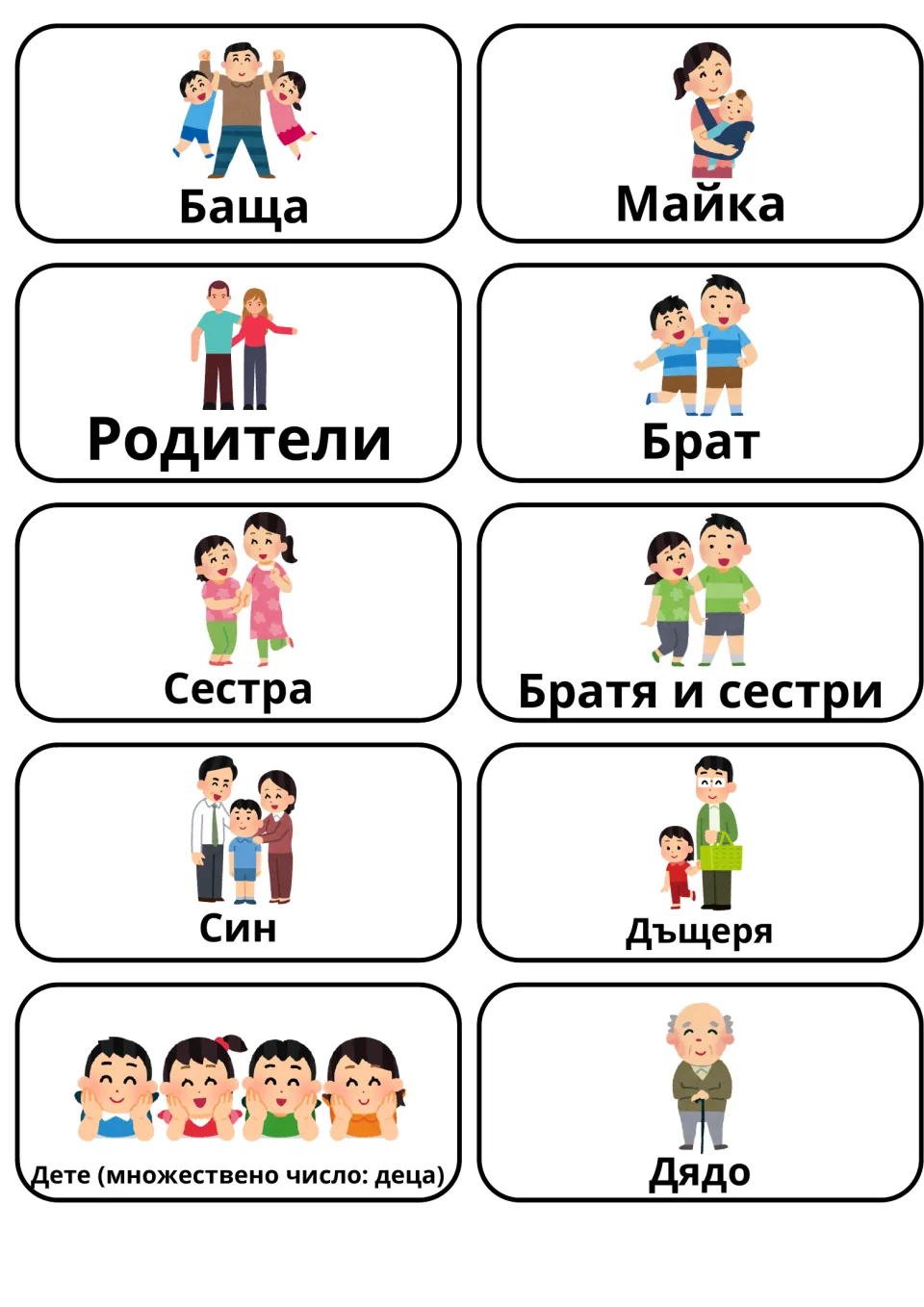 Bulgarian family flashcards 1–10: Баща (father), Майка (mother), Родители (parents) and seven more.