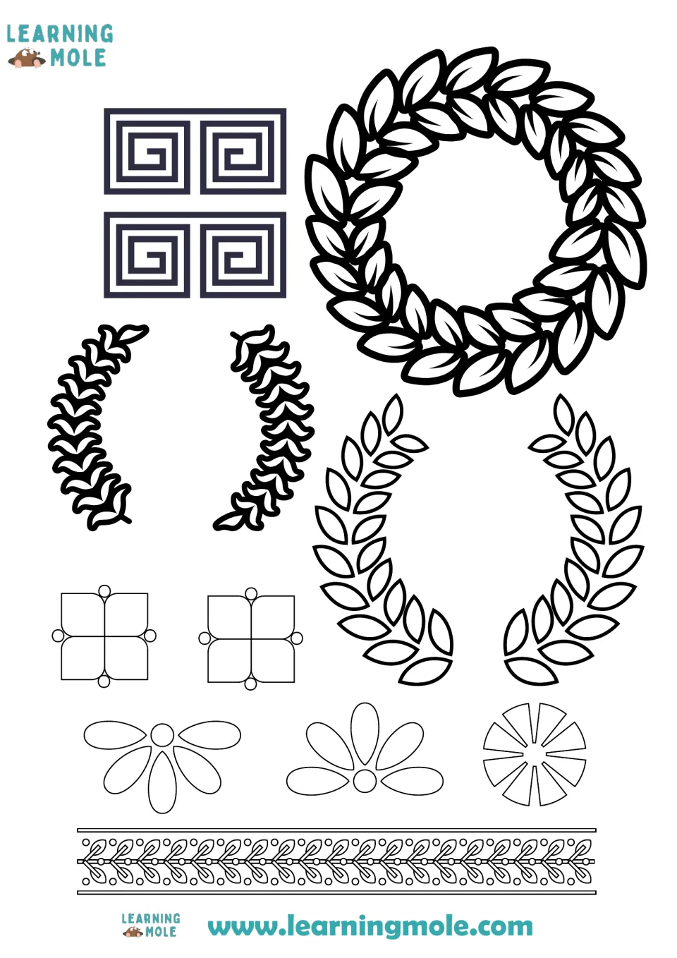 Bulla decorations to colour and cut out: Greek key squares, laurel wreaths and branches, flower motifs and a leaf border