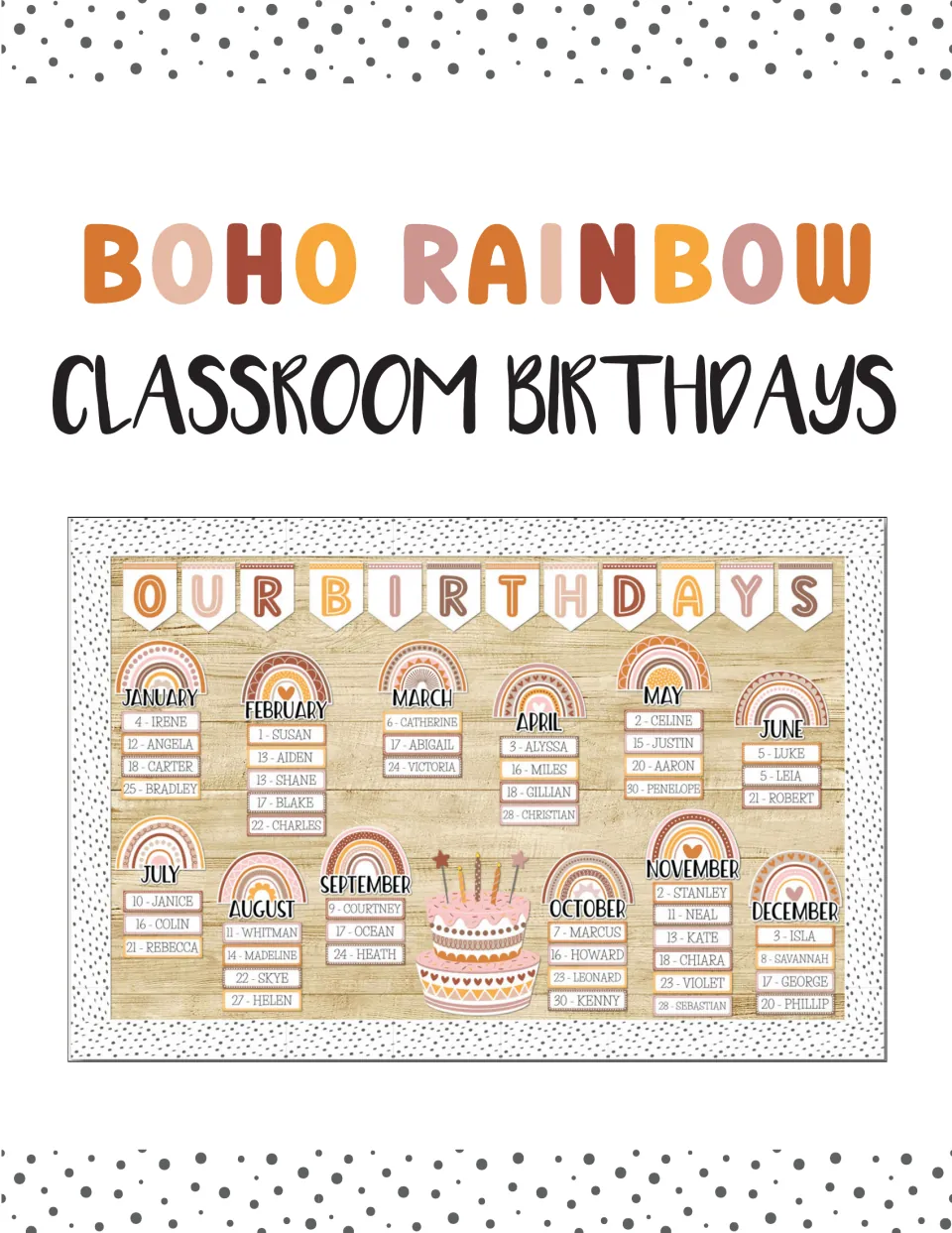 Boho Rainbow Classroom Birthdays cover showing a display of month rainbows with names, Our Birthdays bunting and a cake