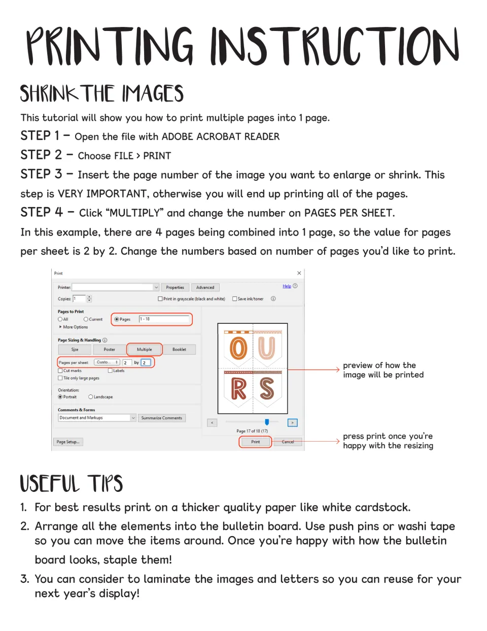 Steps to shrink images by printing several pages per sheet with Multiple, plus tips on cardstock, pinning and laminating