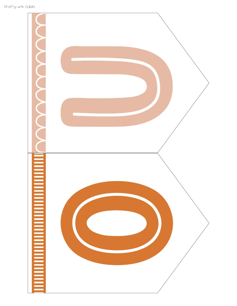 Pennant cut-outs for the letters O and U in peach and orange with patterned side strips, printed sideways