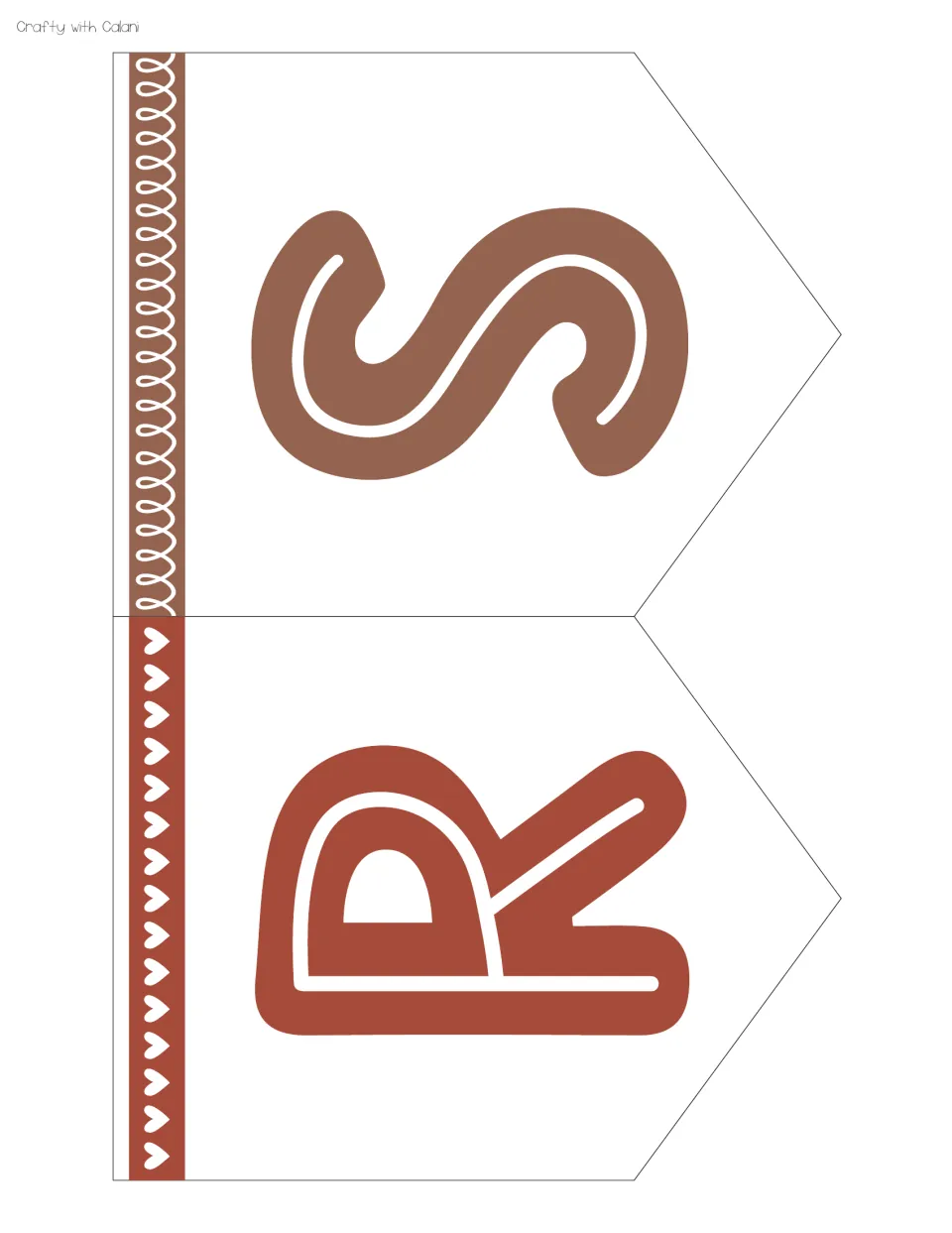 Pennant cut-outs for the letters R and S in rust and brown, one with a heart strip and one with a loop strip