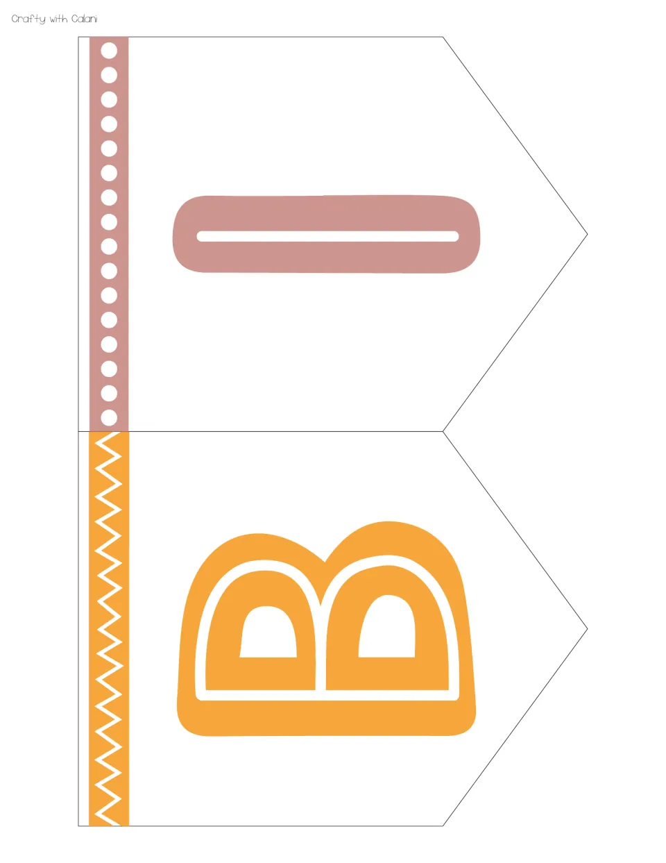 Pennant cut-outs for the letters B and I in mustard and dusty pink, with zigzag and dot strips along the edge